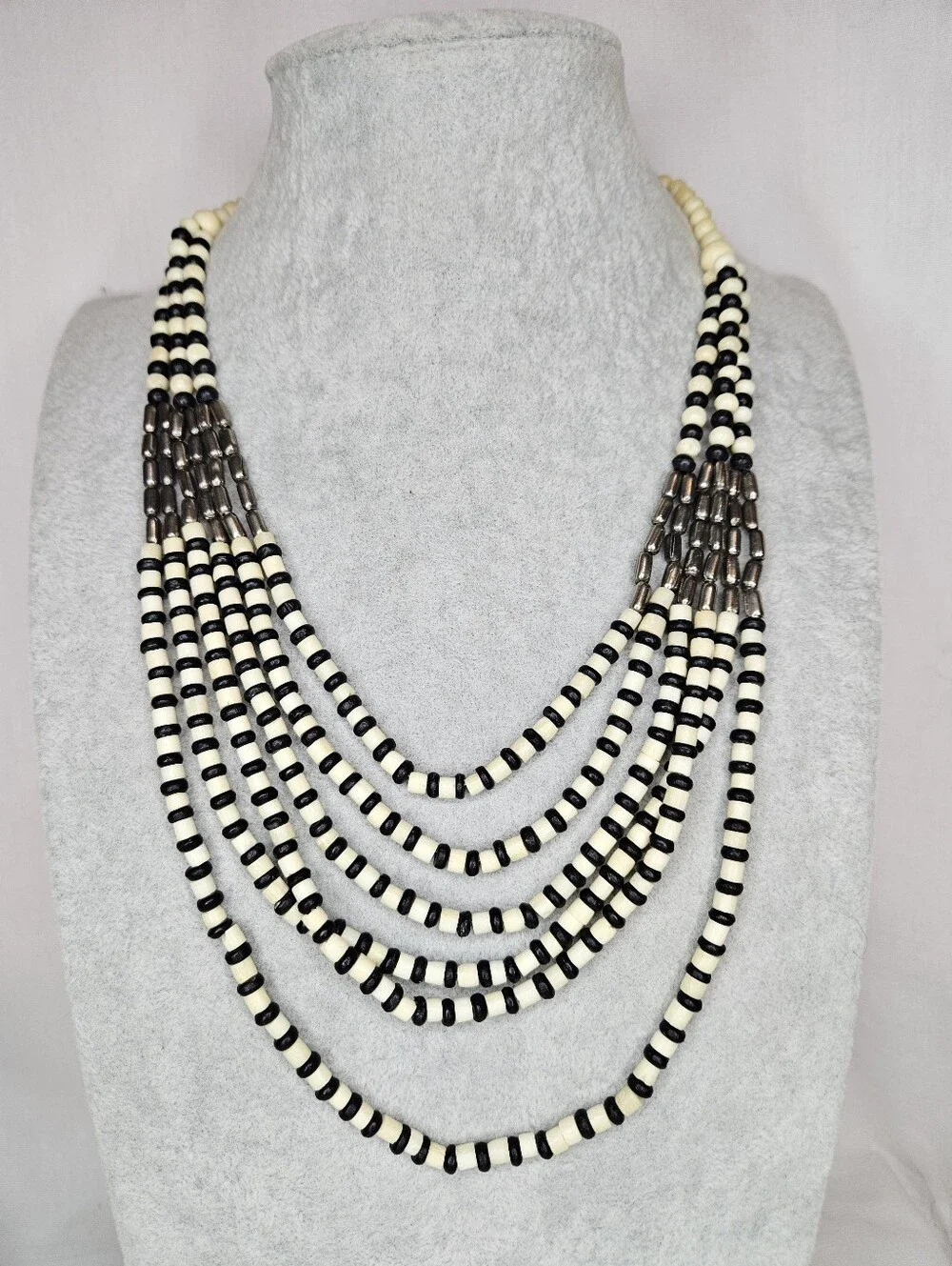Vintage Multi Strand Black Cream Beaded Statement Necklace Tribal Boho 17-24